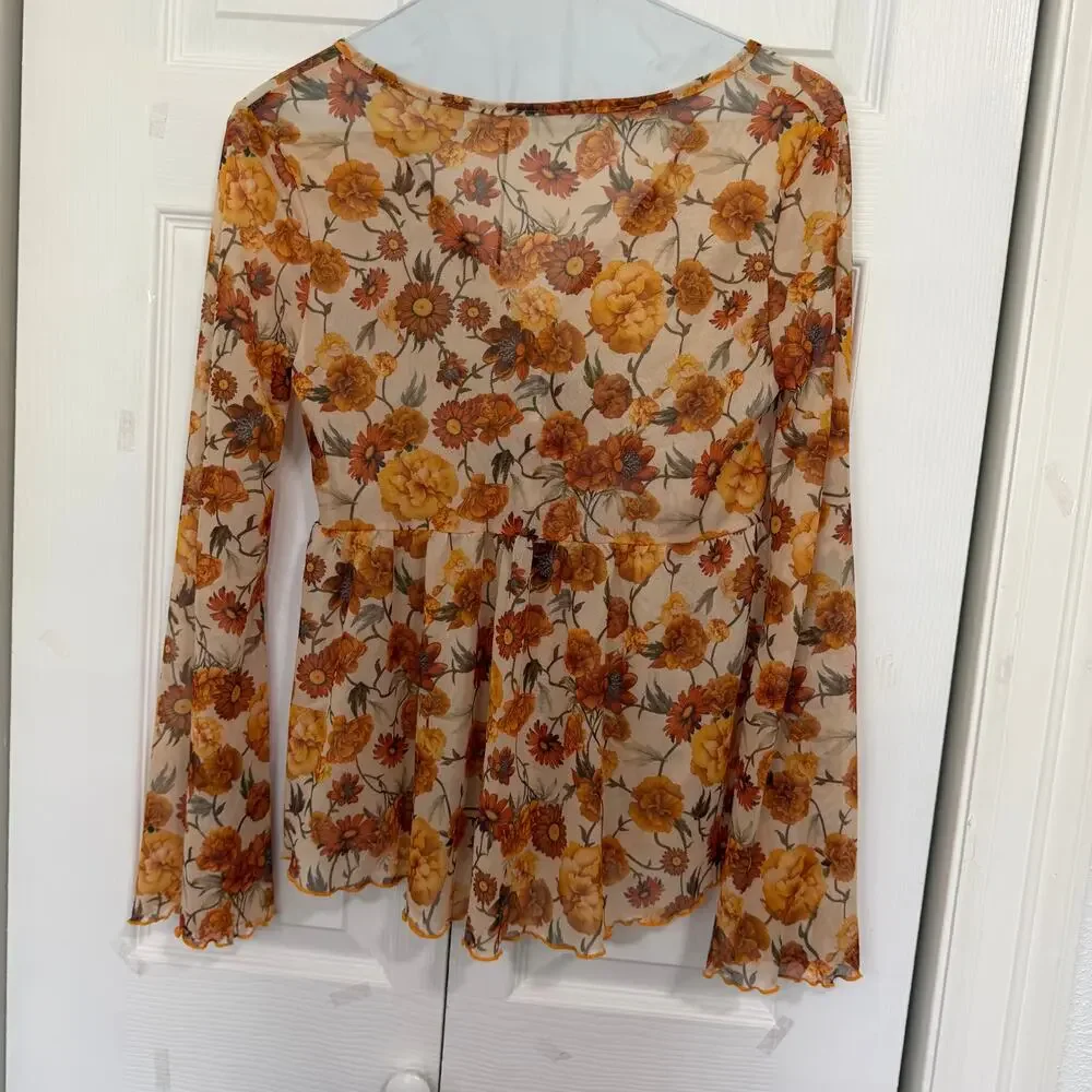 Floral Print V Neck Long Sleeve Bow Tie Front Sheer Blouse Top